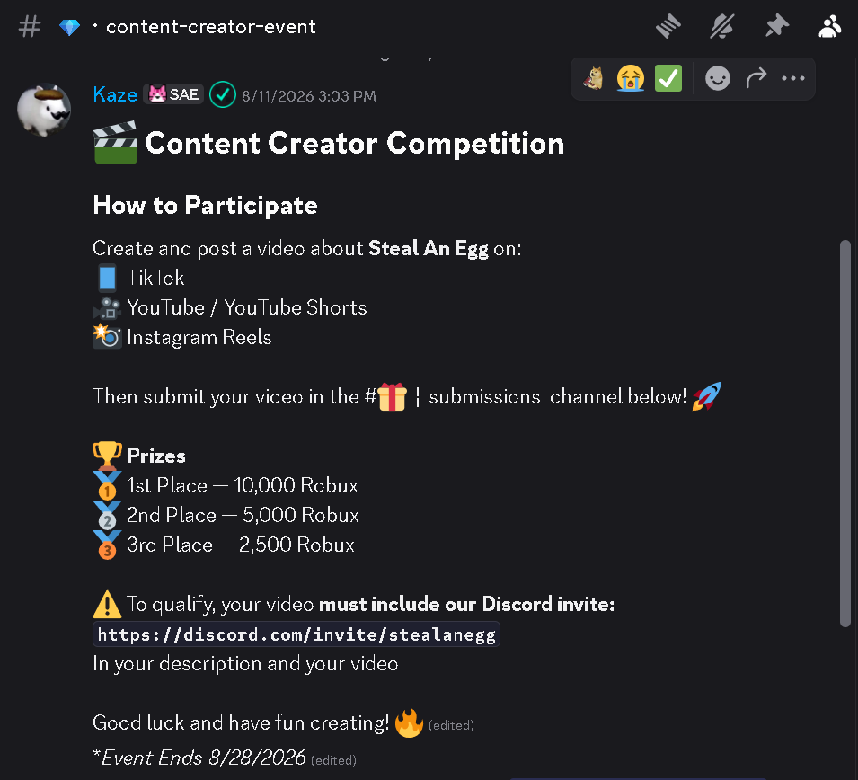 Screenshot of the Steal An Egg content creator competition announcement