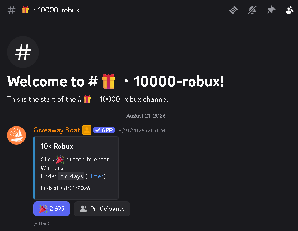 Screenshot of a 10,000 Robux giveaway announcement in the Steal An Egg Discord server