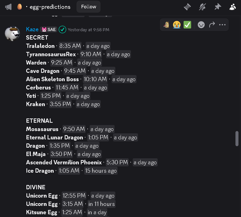 Screenshot of egg predictions in the Steal An Egg Discord server